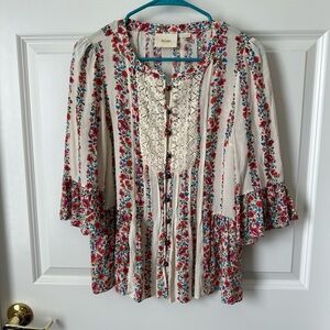 Maeve Anthropology Shirt Top Blouse Women Size 4 Floral Print Lace Ruffle Sleeve